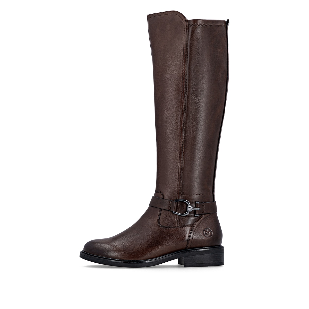 Dunkelbraune remonte Hochschaftstiefel D2W77-25 mit einem Reißverschluss. Schuh Außenseite.