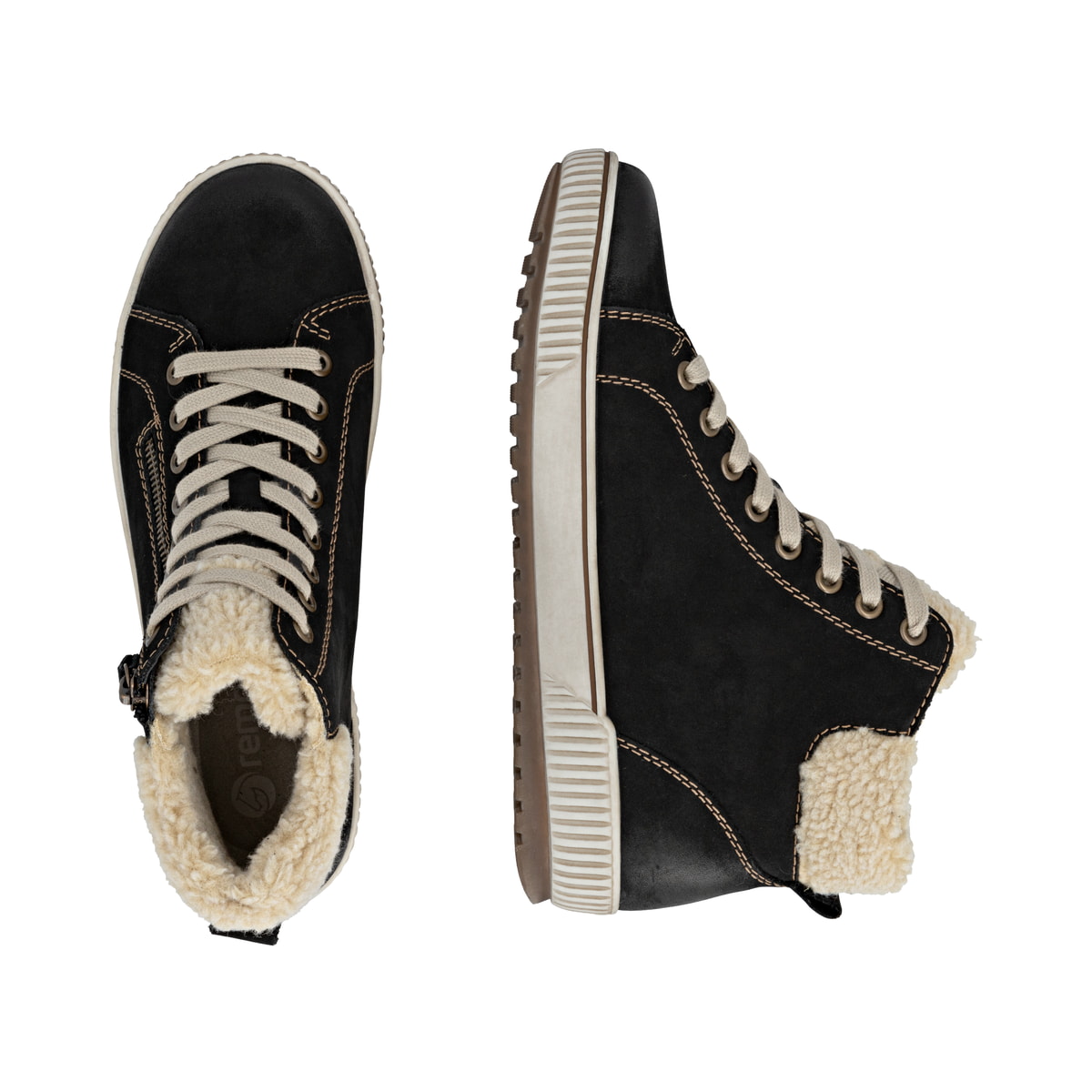 Schwarze remonte Damen Schnürstiefel D0770-03 mit wasserabweisender TEX-Membran. Schuh von oben, liegend.