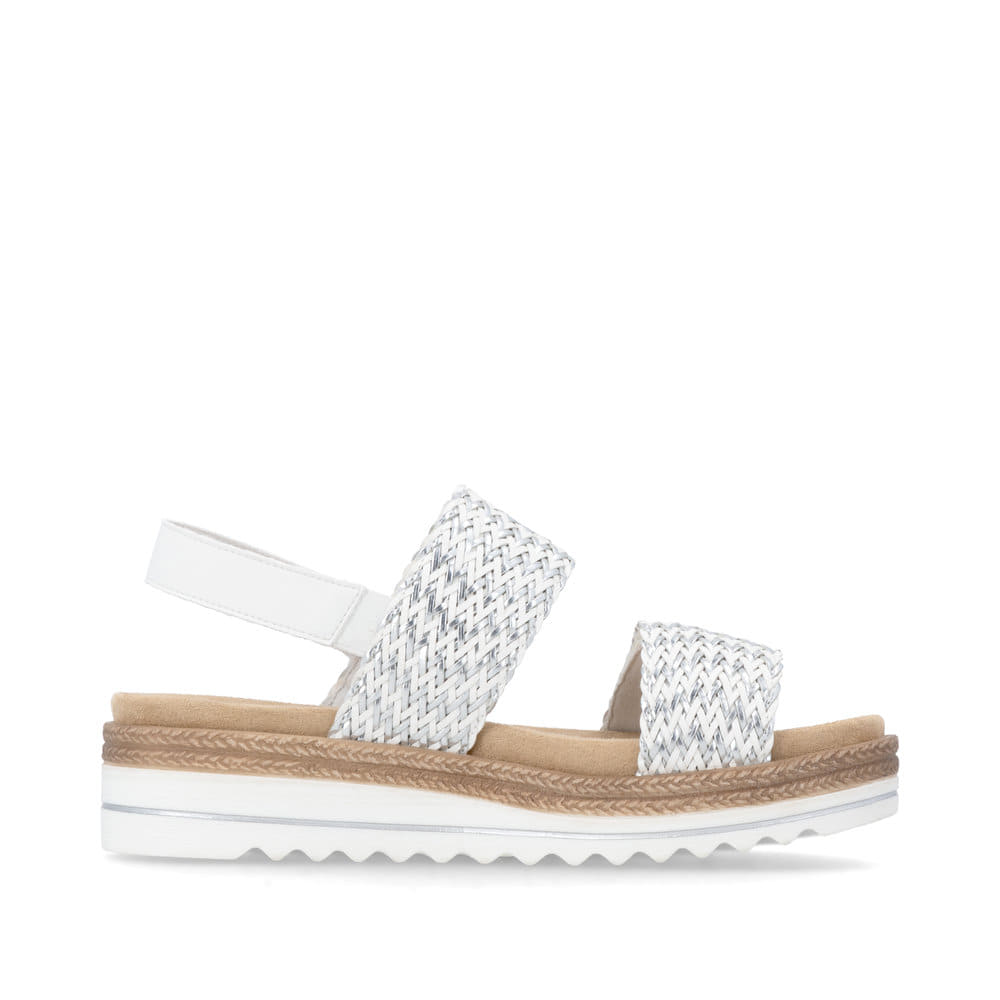 Silberne remonte Keilsandaletten D0Q63-91 mit einem Klettverschluss. Schuh Innenseite.
