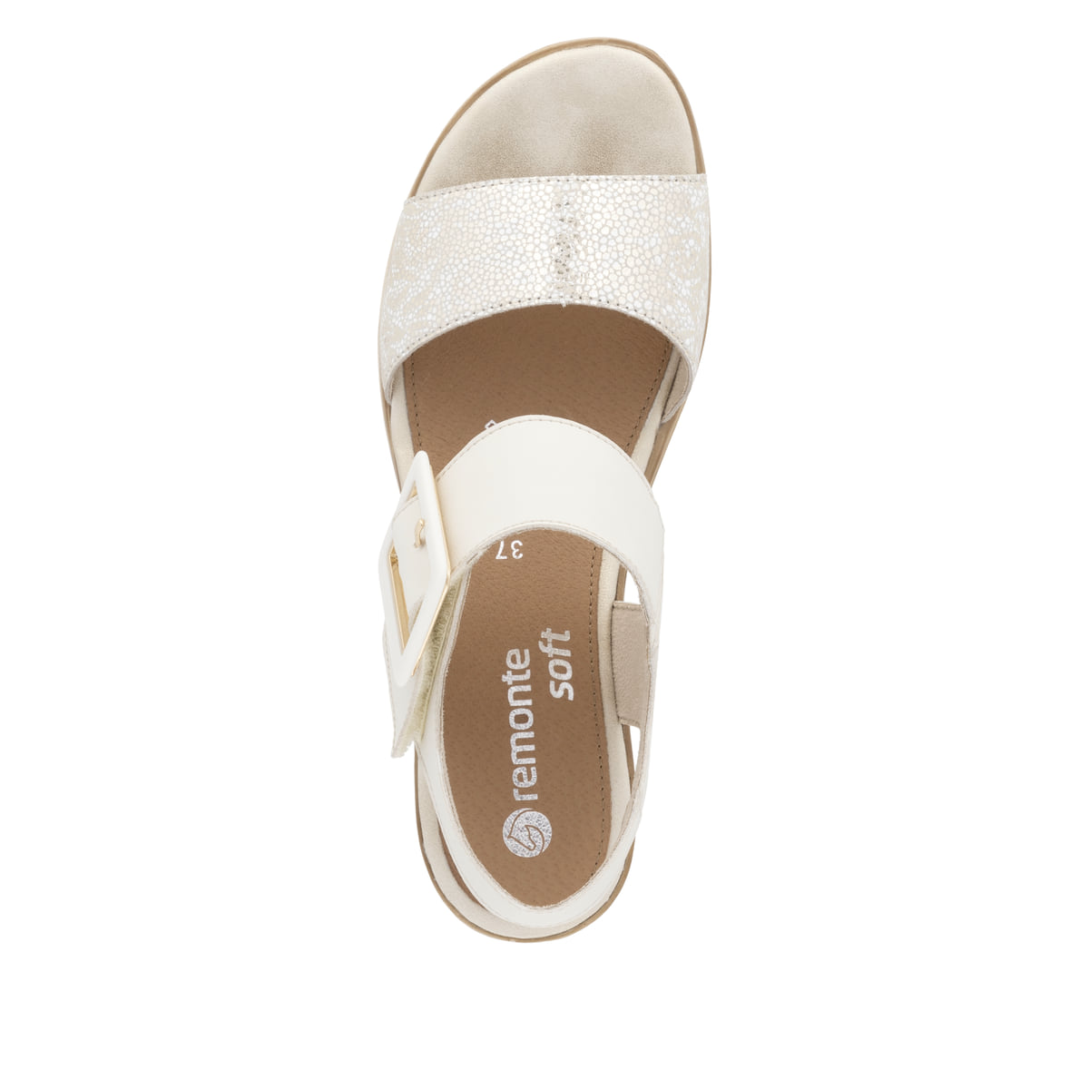 Beige remonte Keilsandaletten D6453-61 mit einem Klettverschluss. Schuh von oben.