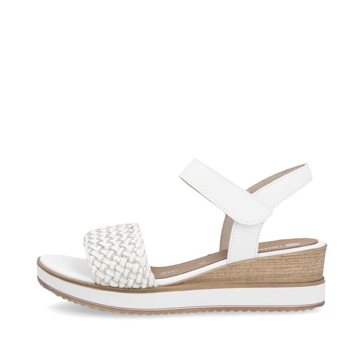 Weiße remonte Keilsandaletten D6465-80 mit einem Klettverschluss. Schuh Außenseite.