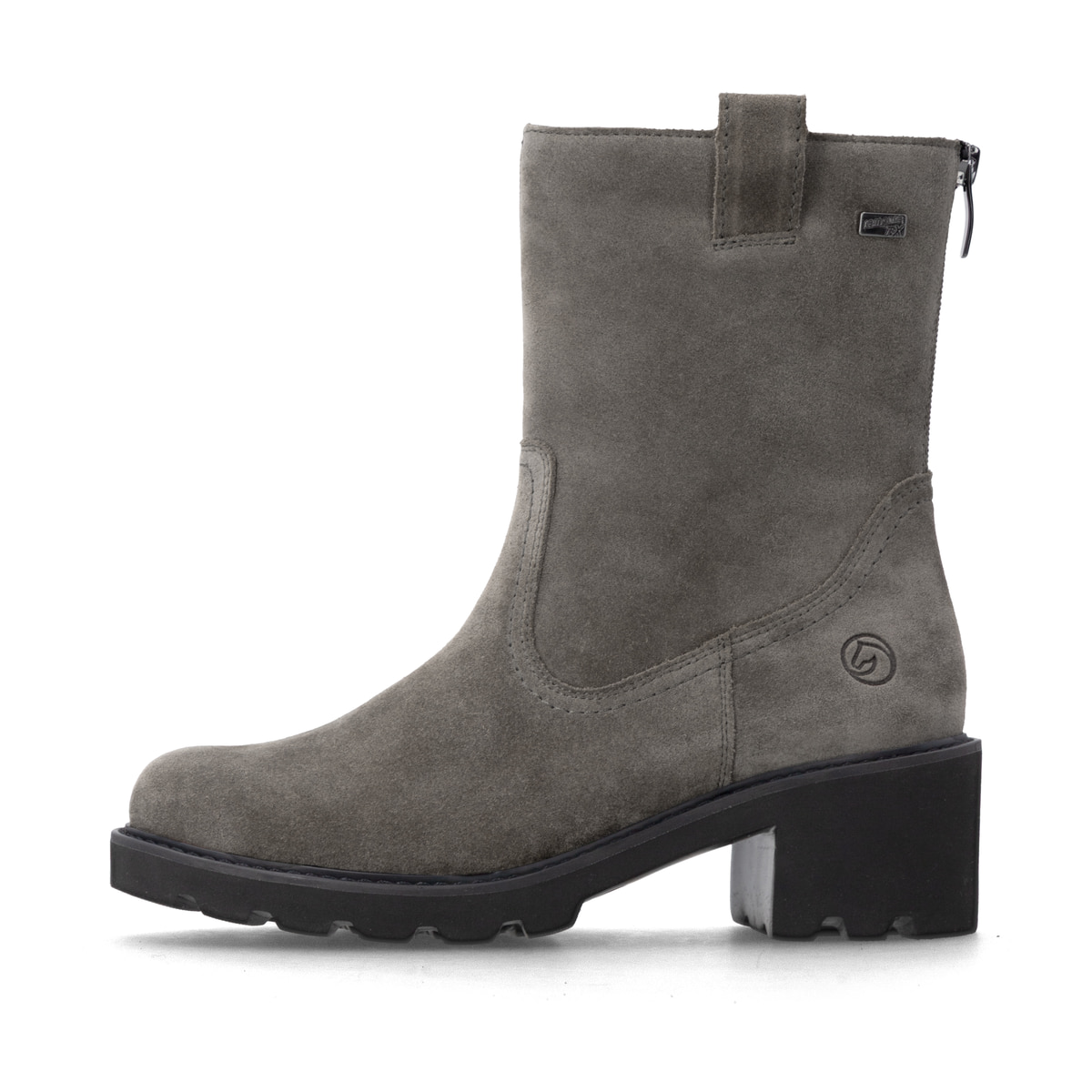 Graue remonte Damen Kurzstiefel D0A82-45 mit wasserabweisender TEX-Membran. Schuh Außenseite.