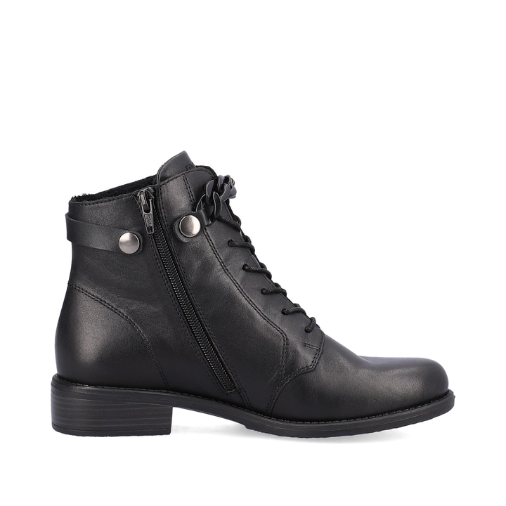 Glanzschwarze remonte Damen Biker Boots D0F74-01 mit Schnürung und Reißverschluss. Schuh Innenseite