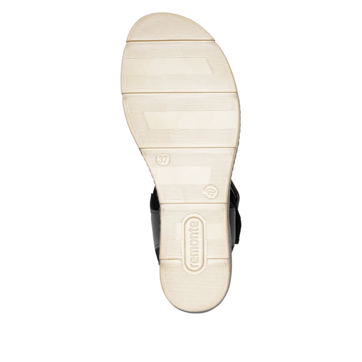 Schwarze remonte Keilsandaletten D2L55-03 mit einem Klettverschluss. Schuh Laufsohle.