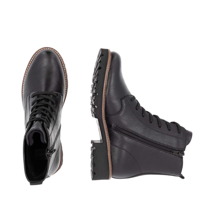 Schwarze remonte Damen Schnürstiefel D8661-00 mit einem Reißverschluss. Schuh von oben, liegend.