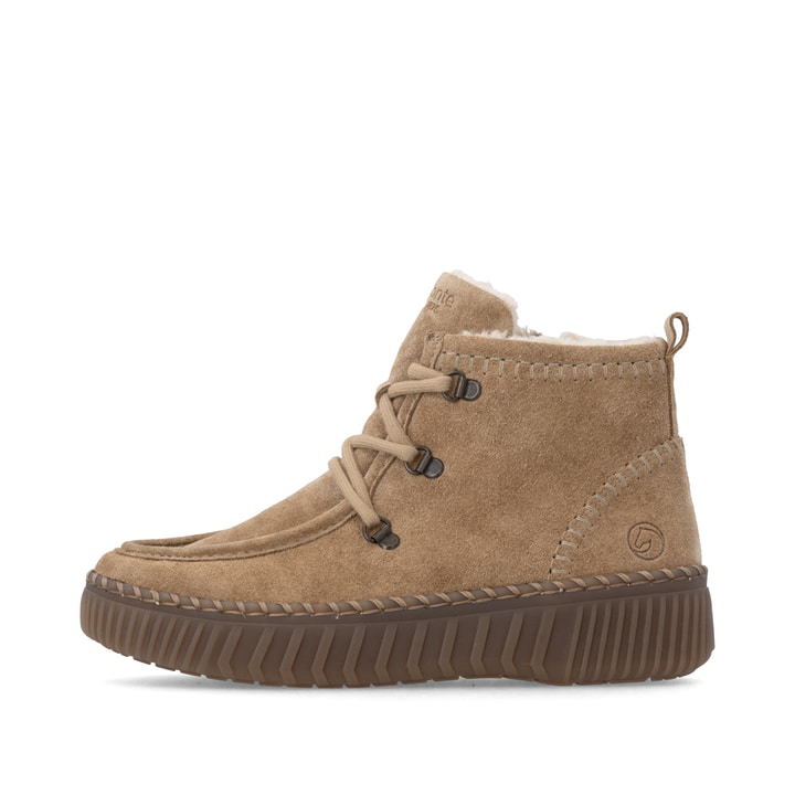 Camelfarbene remonte Damen Schnürstiefel D4A72-20 mit Mokassin-Optik. Schuh Außenseite.