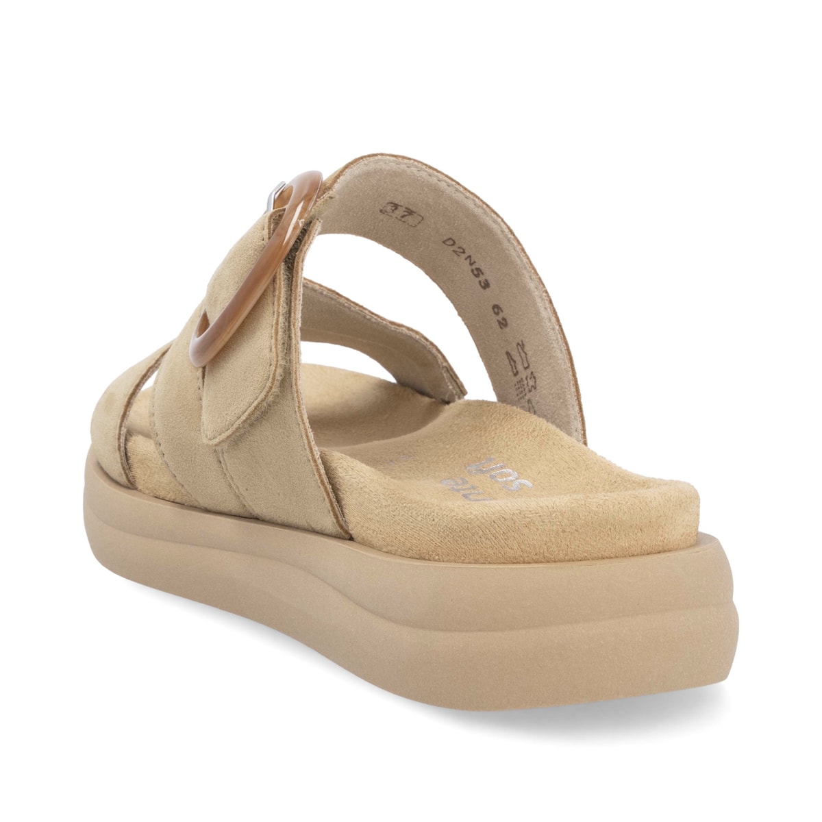 Beige remonte Damen Pantoletten D2N53-62 mit einem Klettverschluss. Schuh von hinten.