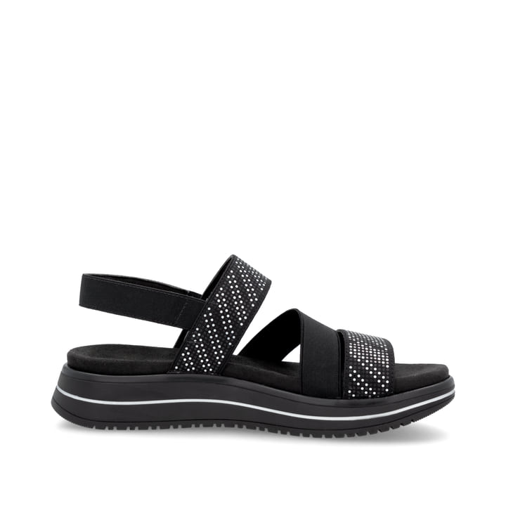 Schwarze remonte Riemchensandalen D1J59-03 mit einem Gummizug. Schuh Innenseite.