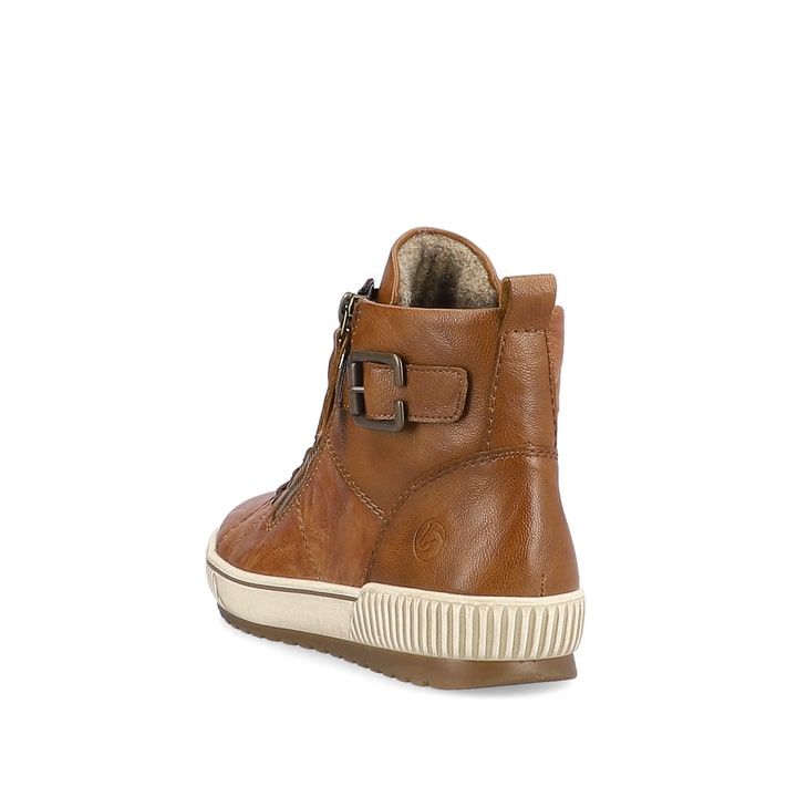 Espressobraune remonte Damen Schnürschuhe D0777-22 mit Schnürung und Reißverschluss. Schuh von hinten