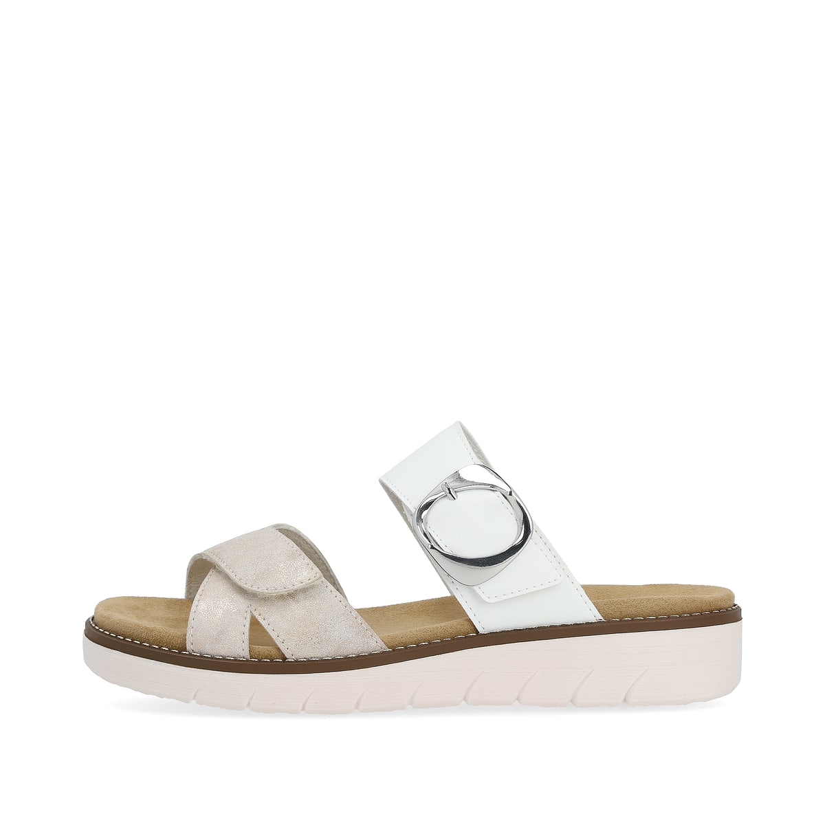 Weiße vegane remonte Damen Pantoletten D2048-90 mit einem Klettverschluss. Schuh Außenseite.