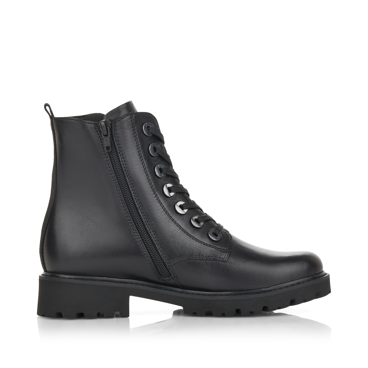 Schwarze remonte Damen Schnürstiefel D8671-01 mit einem Reißverschluss. Schuh Innenseite.