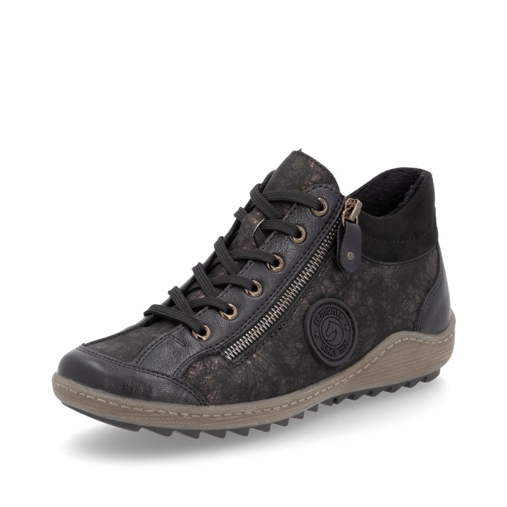 Schwarz-bronzene remonte Damen Schnürstiefel R1477-90 mit einem Reißverschluss. Schuh seitlich schräg.
