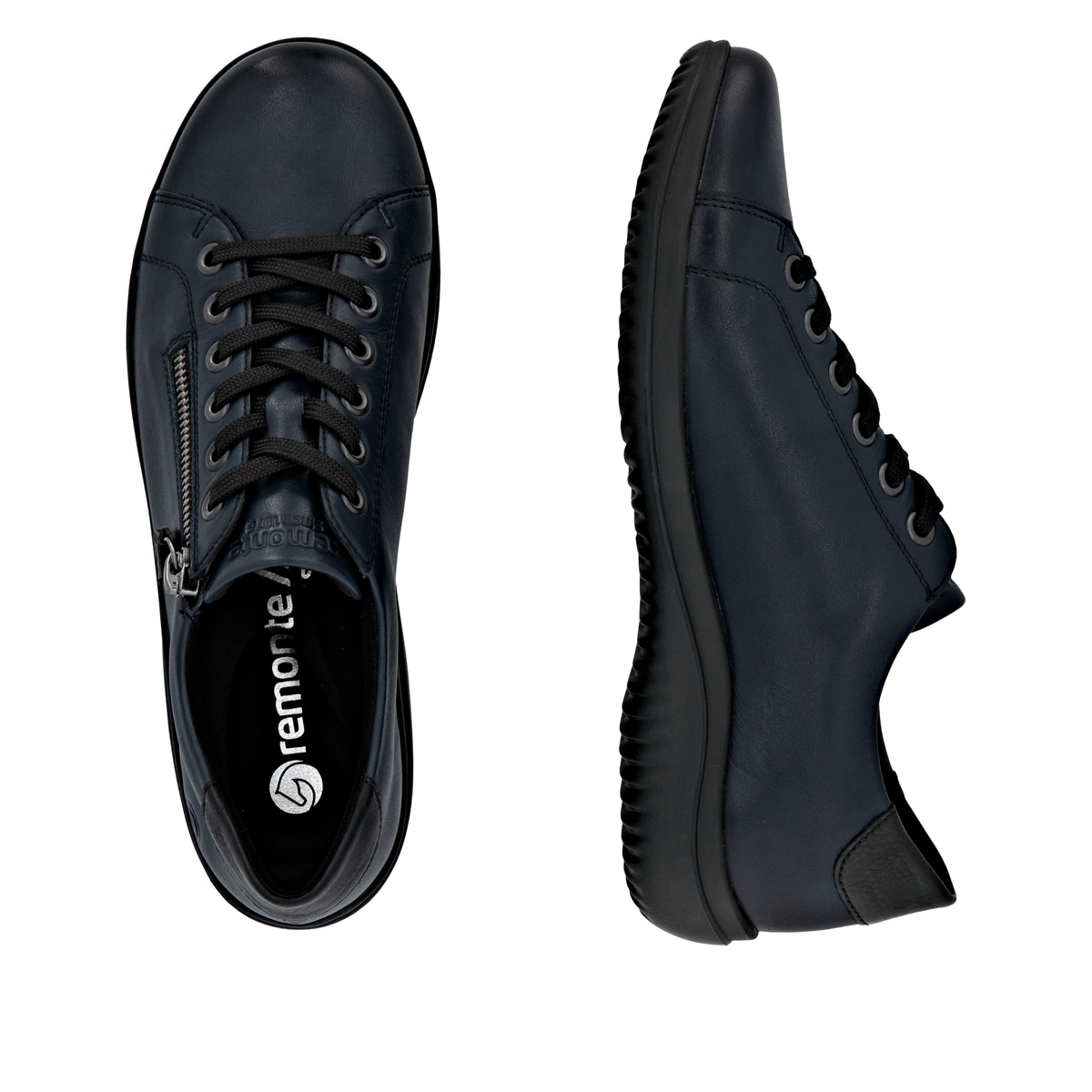 Blauschwarze remonte Damen Schnürschuhe D1E03-14 mit einem Reißverschluss. Schuh von oben, liegend.