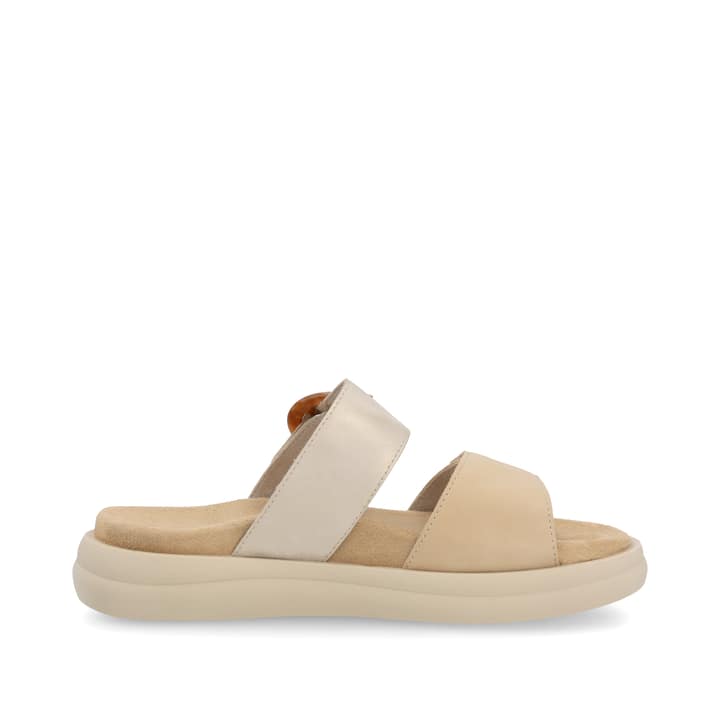 Braune vegane remonte Damen Pantoletten D2N51-20 mit einem Klettverschluss. Schuh Innenseite.