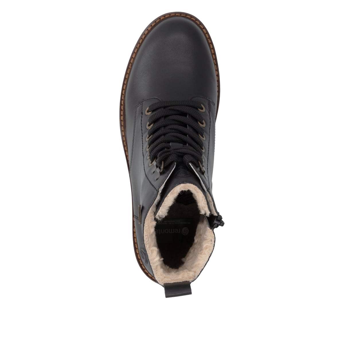 Schwarze remonte Damen Schnürstiefel D0A81-03 mit wasserabweisender TEX-Membran. Schuh von oben.