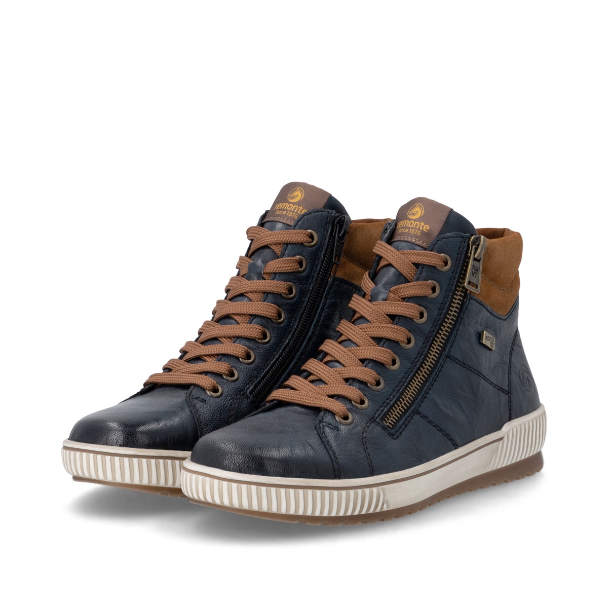 Dunkelblau-braune remonte Damen Schnürstiefel D0772-16. Schuhpaar seitlich schräg.