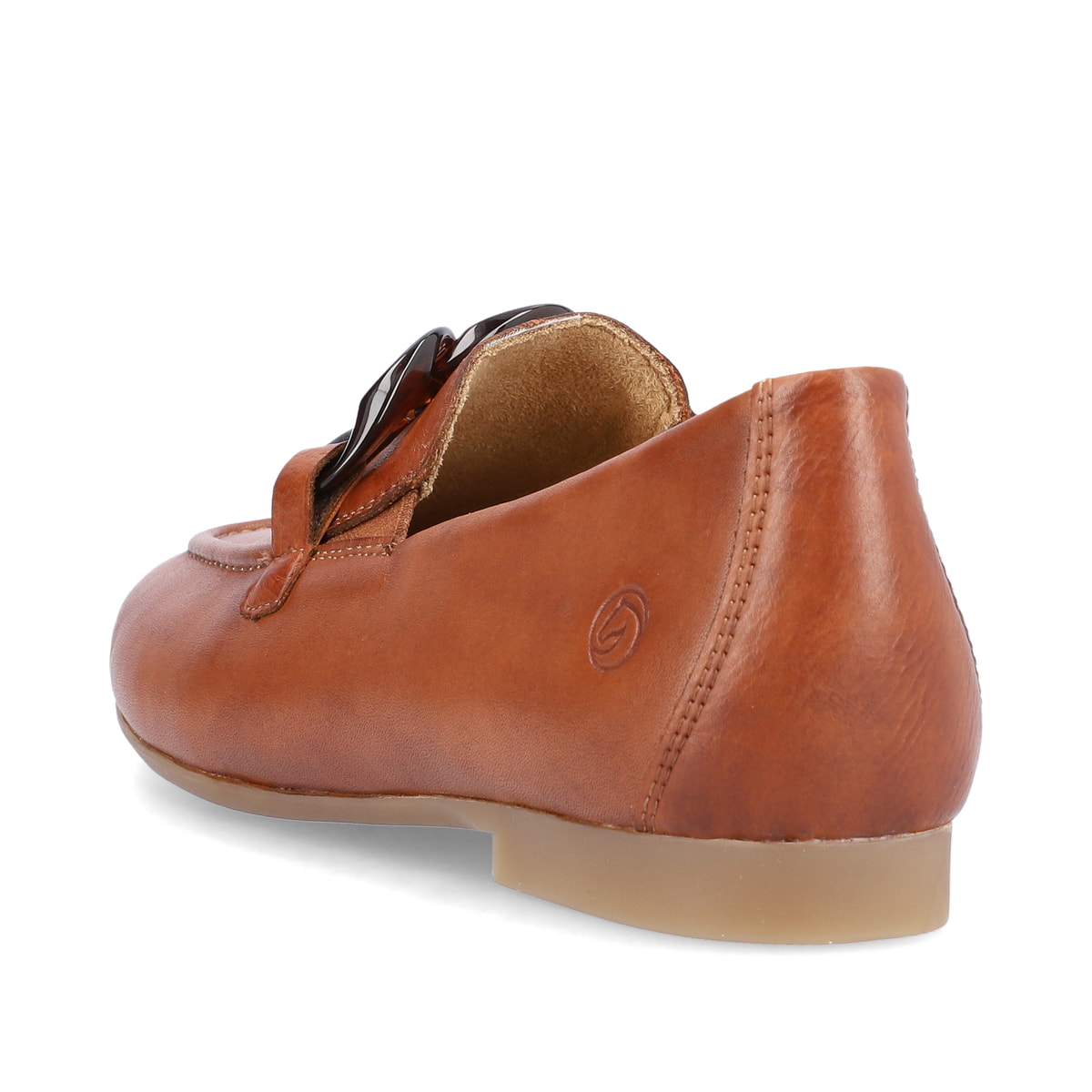 Braune remonte Damen Loafer D0K00-24 mit einem Gummizug. Schuh von hinten.