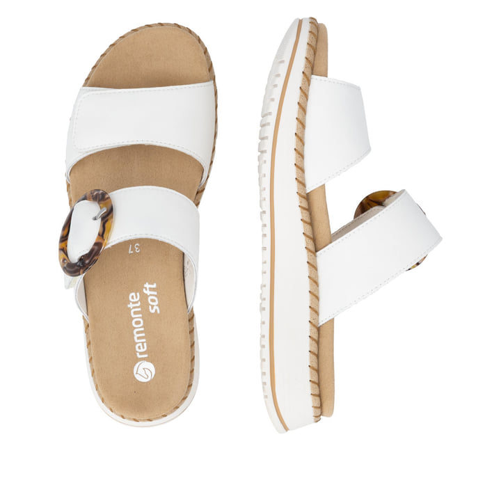 Weiße remonte Damen Pantoletten D3J51-80 mit trendiger Schnalle. Schuh von oben, liegend.