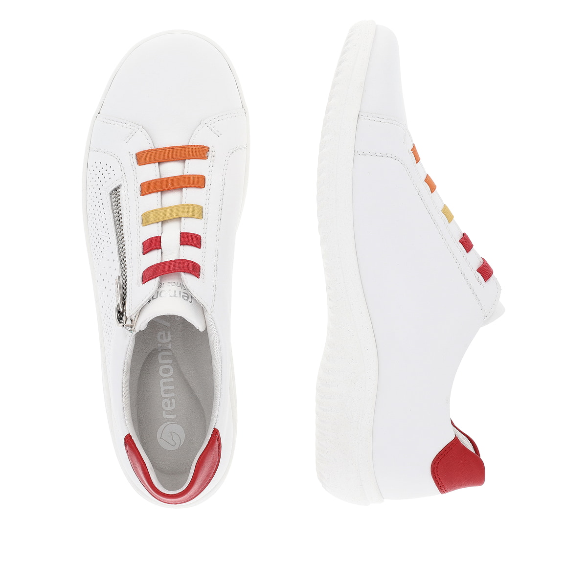 Lilienweiße remonte Damen Schnürschuhe D1E02-80 mit einem Reißverschluss. Schuh von oben, liegend.