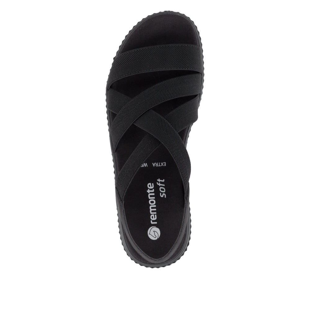 Schwarze remonte Riemchensandalen D3L52-00 mit einem Gummizug sowie Extraweite H. Schuh von oben.