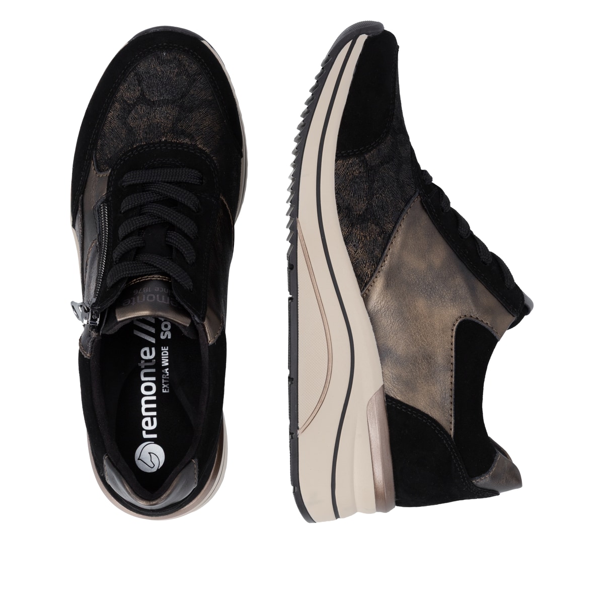 Schwarz-bronzene remonte Damen Schnürschuhe D0T23-03 mit einem Reißverschluss. Schuh von oben, liegend.