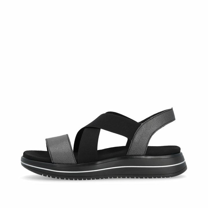 Schwarze remonte Riemchensandalen D1J50-02 mit einem Gummizug. Schuh Außenseite.