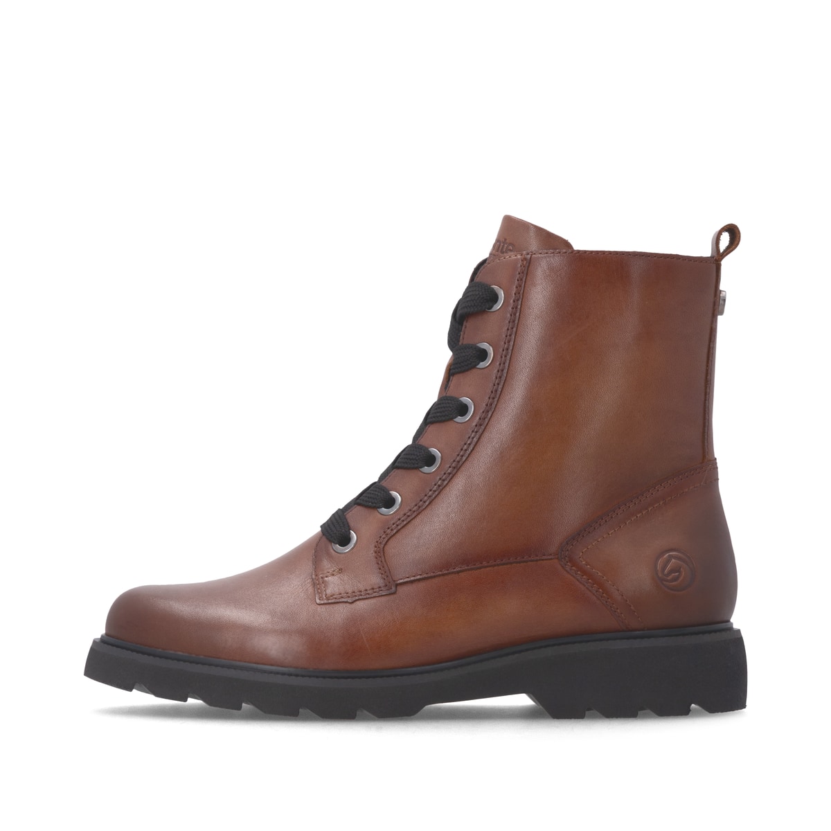 Braune remonte Damen Schnürstiefel D3S71-24 mit einem Reißverschluss. Schuh Außenseite.