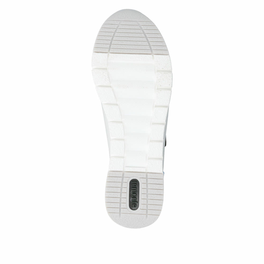 Weißblaue vegane remonte Damen Sneaker R6709-82 mit einem Reißverschluss. Schuh Laufsohle.