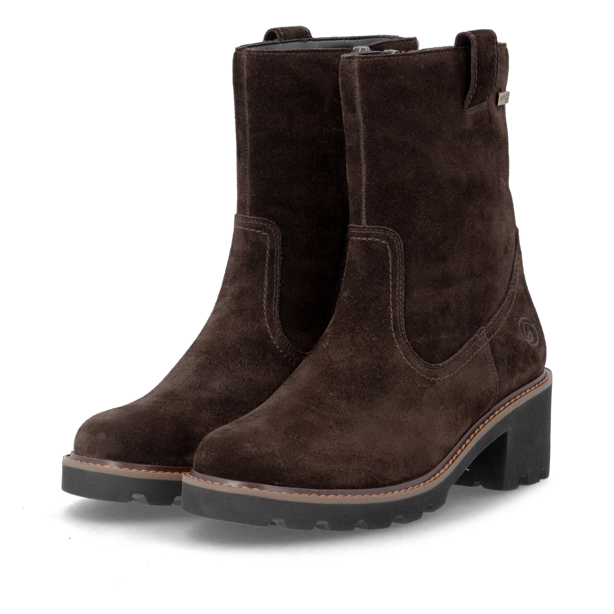 Dunkelbraune remonte Damen Kurzstiefel D0A82-25. Schuhpaar seitlich schräg.