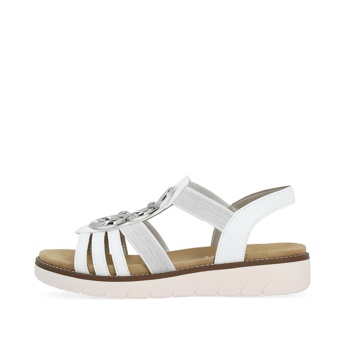 Weiße vegane remonte Riemchensandalen D2073-80 mit einem Gummizug. Schuh Außenseite.