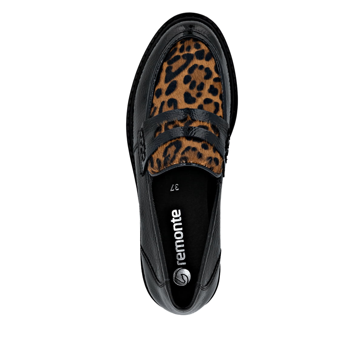 Schwarzbraune remonte Damen Loafer D2Q02-03 mit Leo-Print sowie einem Gummizug. Schuh von oben.