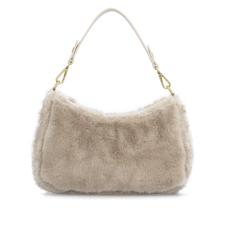 remonte Handtasche Q0721-60 in Beige mit kurzem und langem Riemen, rotem Innenfutter und Reißverschluss am Hauptfach. Rückseite.