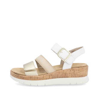 Weiße remonte Keilsandaletten D2P50-80 mit einem Klettverschluss. Schuh Außenseite.