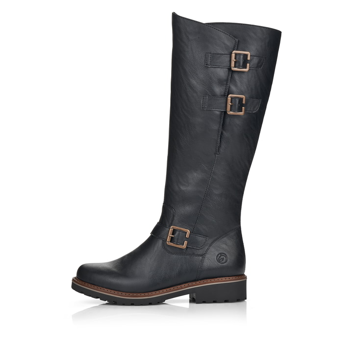 Schwarze remonte Hochschaftstiefel R6590-01 mit einem Reißverschluss. Schuh Außenseite.