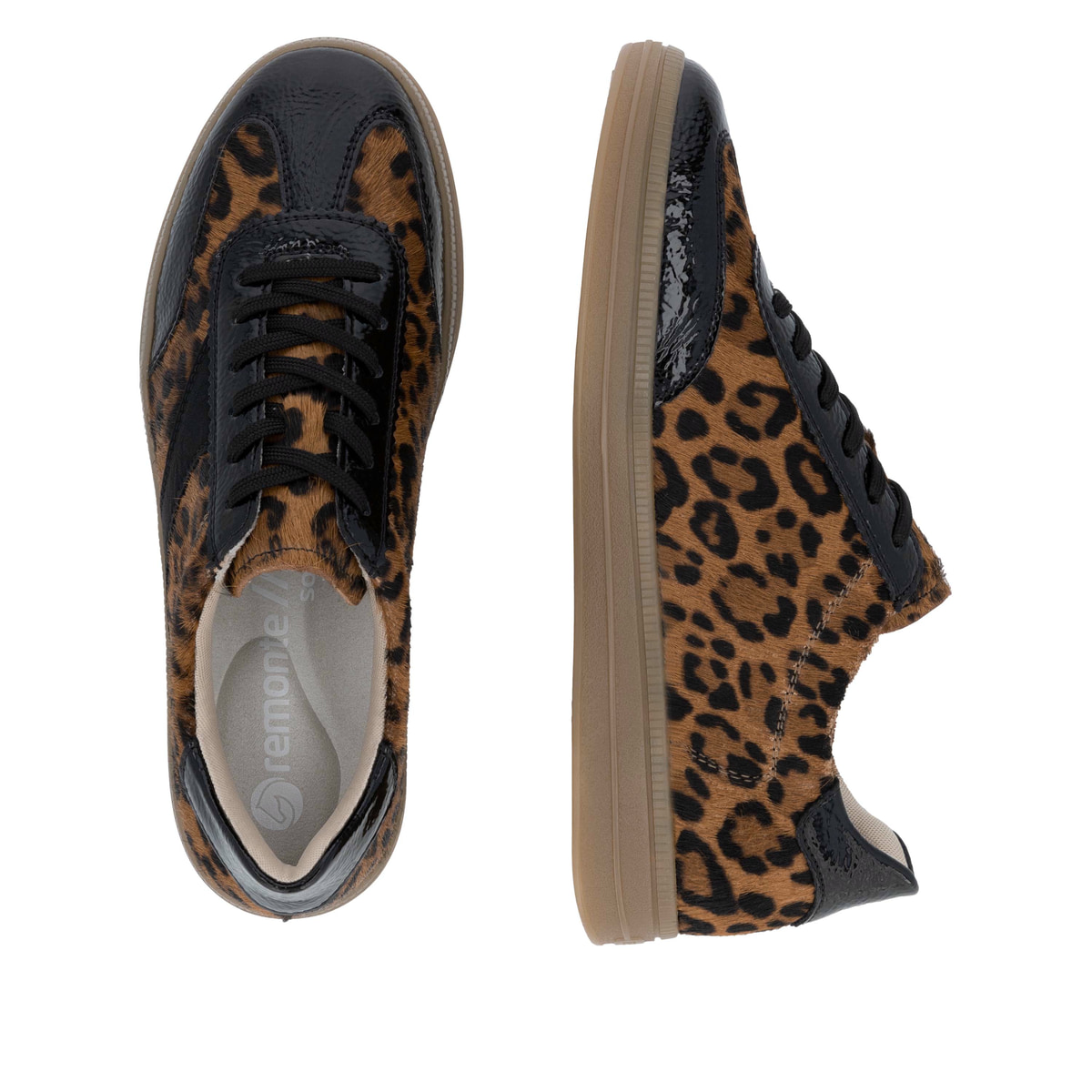 Schwarzbraune remonte Damen Sneaker D2C01-91 mit Leo-Print sowie einer Schnürung. Schuh von oben, liegend.