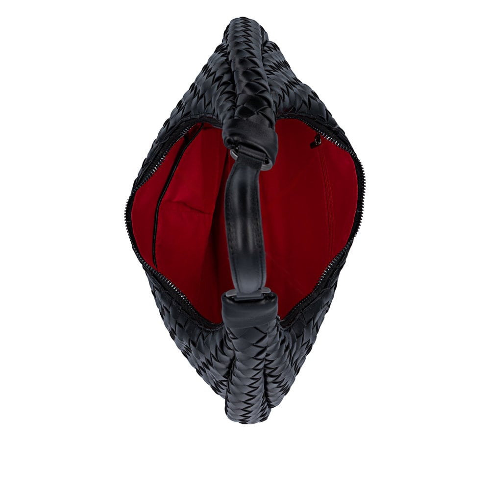 Sac à main remonte Q0774-00 noir tressé et avec compartiment zippé. Ouvert.