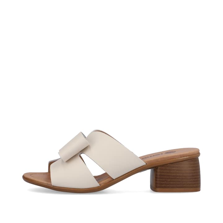 Beige remonte Damen Pantoletten R8759-60 mit einem Gummizug sowie leichter Sohle. Schuh Außenseite.