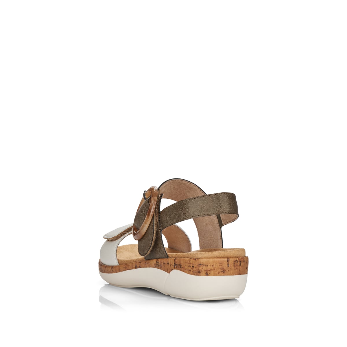 Olivgrüne remonte Damen Riemchensandalen R6853-54 mit einer leichten Profilsohle. Schuh von hinten