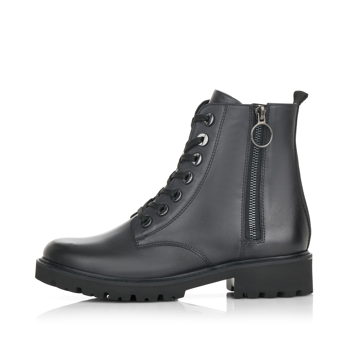Dunkelblaue remonte Damen Biker Boots D8671-14 mit Schnürung und Reißverschluss. Schuh Außenseite