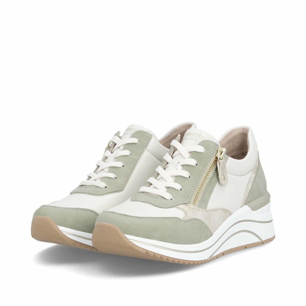 Grünweiße vegane remonte Damen Sneaker D0T01-82 mit einem Reißverschluss. Schuhpaar seitlich schräg.