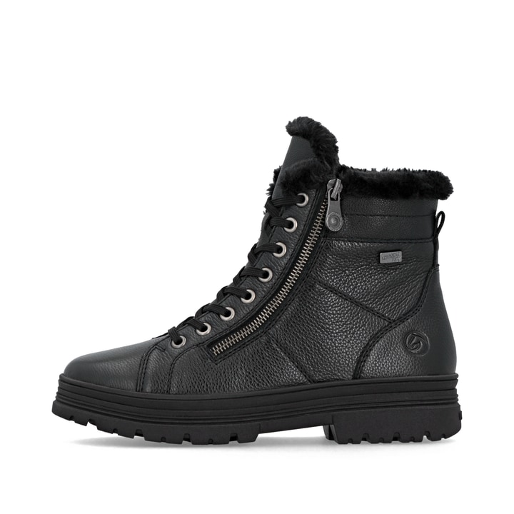 Schwarze remonte Damen Schnürstiefel D2U73-00 mit griffiger Glass-Fibre Sohle. Schuh Außenseite.