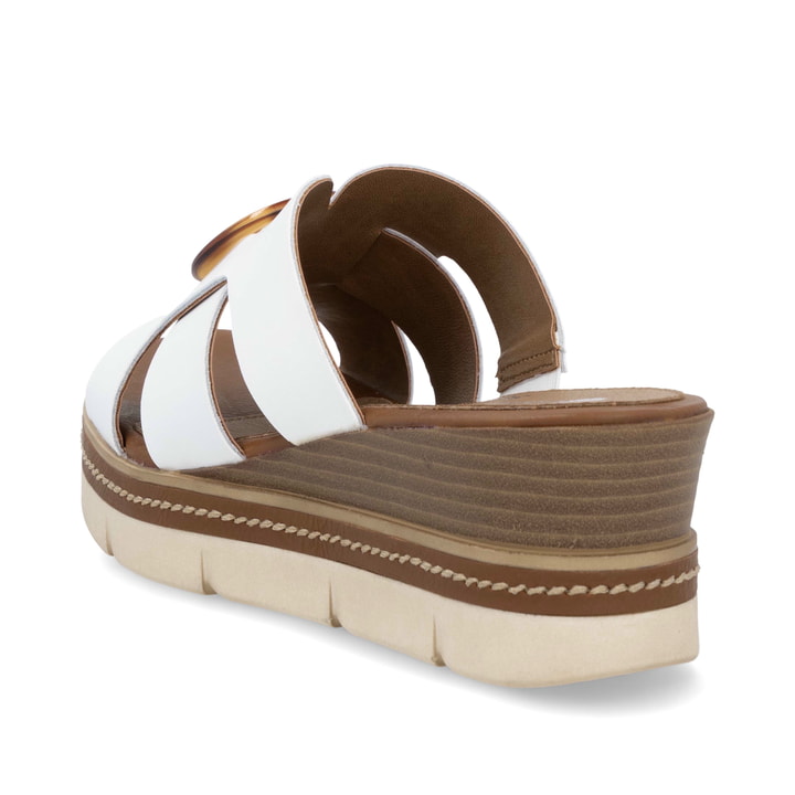 Weiße remonte Damen Pantoletten D2L52-80 mit Gummizug sowie weicher Innensohle. Schuh von hinten.