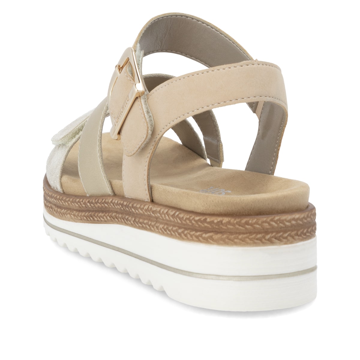 Metallische vegane remonte Riemchensandalen D0Q55-91 mit einem Klettverschluss. Schuh von hinten.