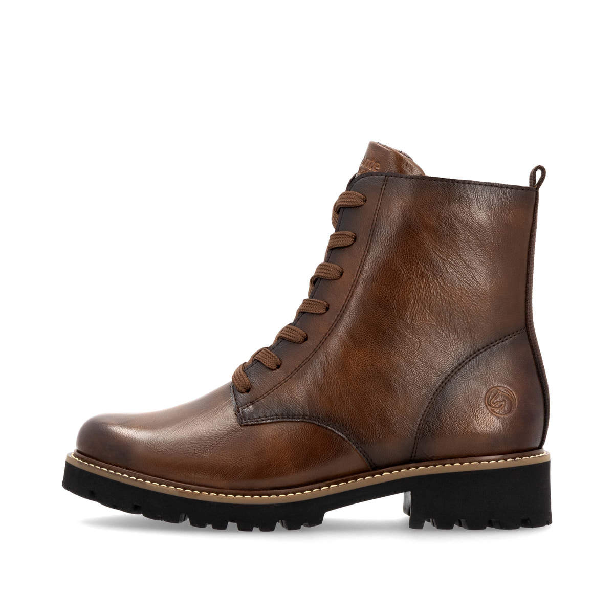 Braune remonte Damen Schnürstiefel D8661-24 mit einem Reißverschluss. Schuh Außenseite.