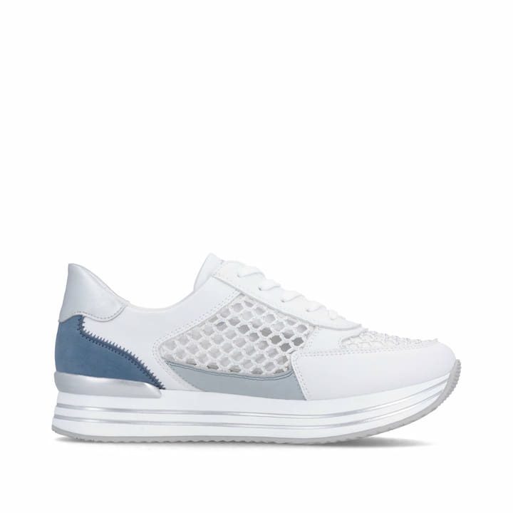 Weißblaue vegane remonte Damen Sneaker D1329-81 mit einem Reißverschluss. Schuh Innenseite.