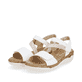 Weiße remonte Riemchensandalen R6860-80 mit einem Klettverschluss. Schuhpaar seitlich schräg.