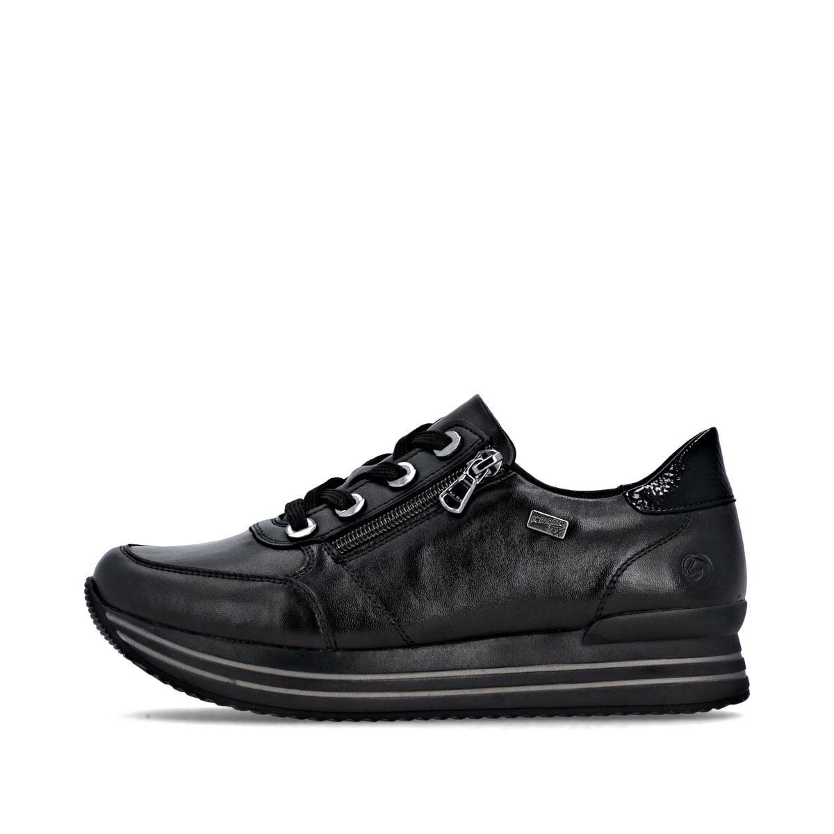 Schwarze remonte Damen Sneaker D1302-00 mit wasserabweisender remonteTEX-Membran. Schuh Außenseite.