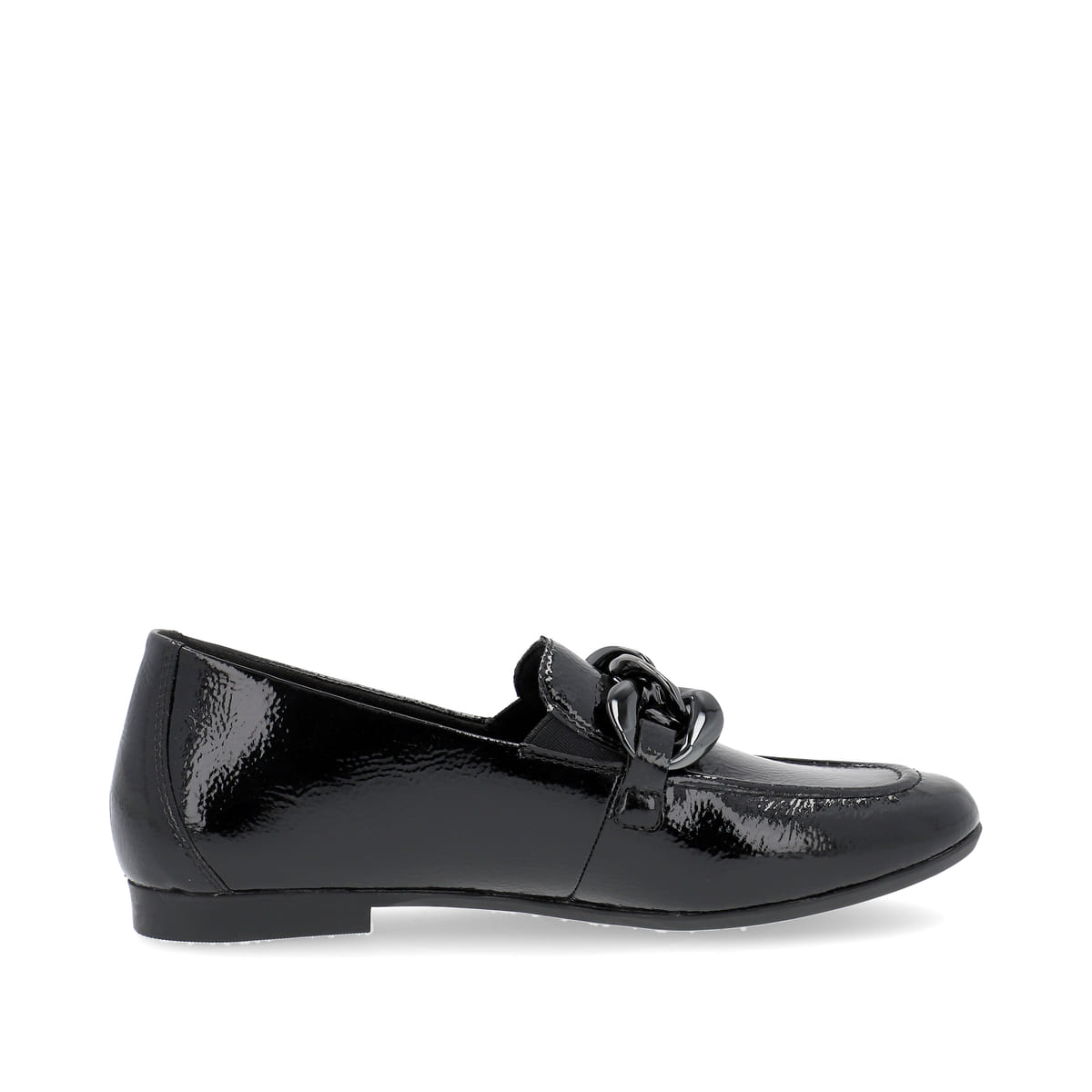 Mocassins remonte noir brillant pour femmes D0K00-01 avec chaîne à gros maillons. Côté intérieur de la chaussure.