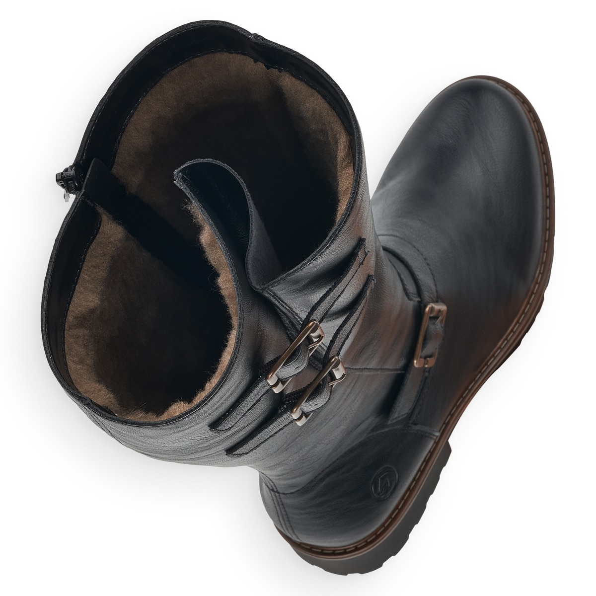 Schwarze remonte Hochschaftstiefel R6590-01 mit einem Reißverschluss. Schuh von oben, liegend.
