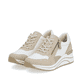 Weiße vegane remonte Damen Sneaker Low D0T01-80 mit einem Reißverschluss. Schuhpaar seitlich schräg.